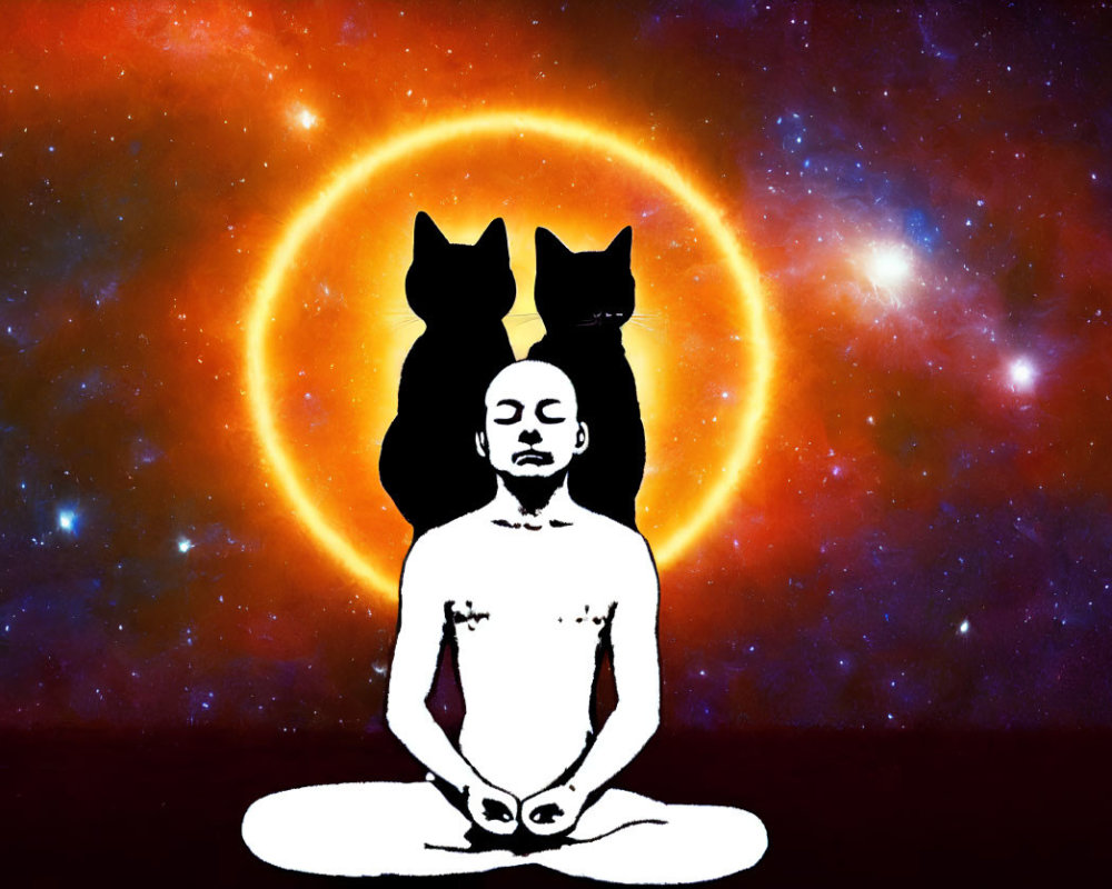 Serene person meditating with cat silhouettes in cosmic setting