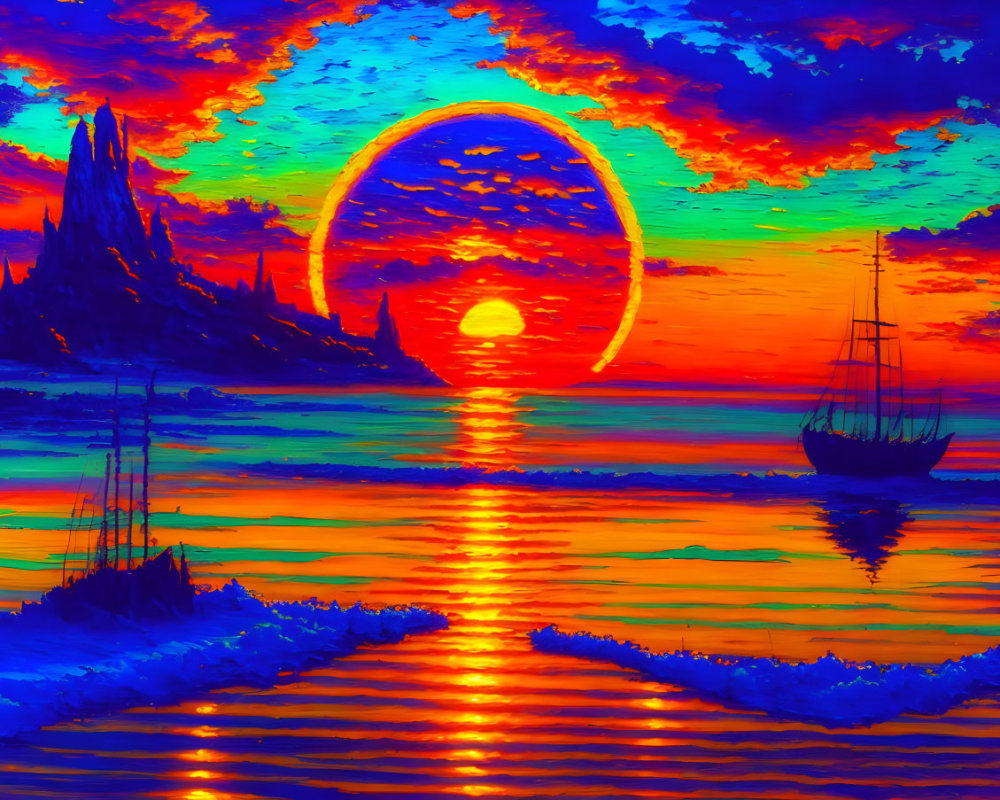 Colorful surreal seascape with setting sun, reflection path, vivid sky, clouds, and sailing ships