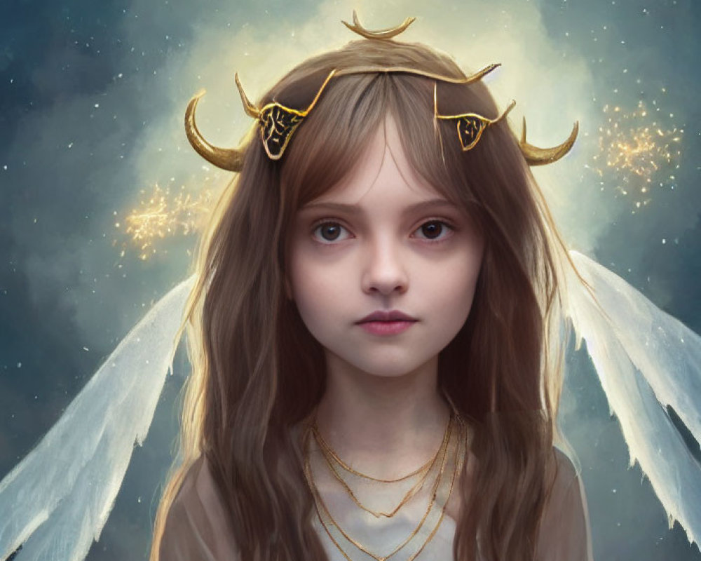 Fantasy portrait: young girl with angel wings, golden crown, starry background, glowing particles