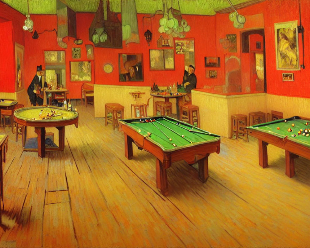 Vintage Pool Hall Painting with Reddish-Orange Walls & Green Tables