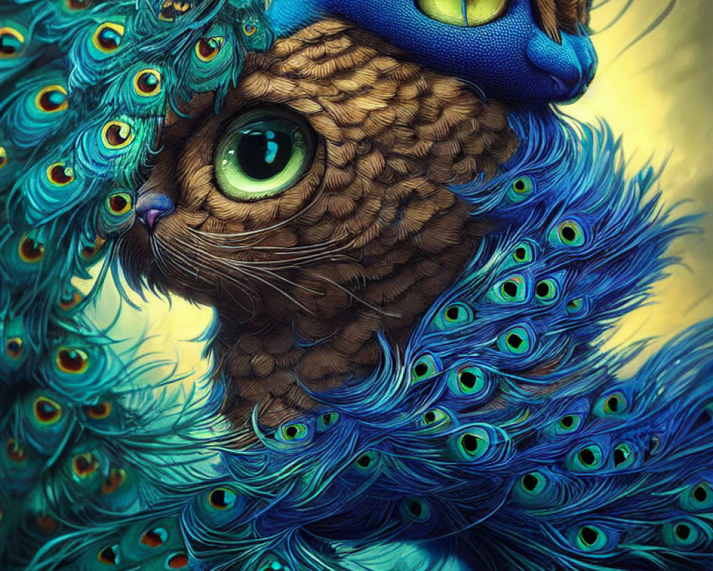 Whimsical artwork of a cat with owl-like fur and peacock plumes