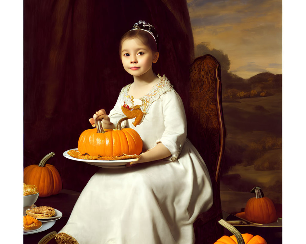 Young girl in white dress with tiara surrounded by pumpkins in landscape setting