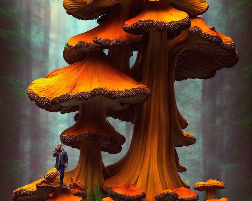 Digital Art: Person under Giant Orange Mushrooms in Enchanted Forest
