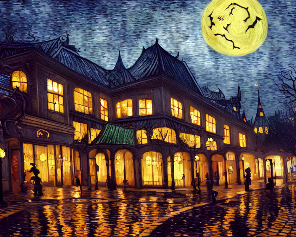 Quaint cobblestone street at night with warm windows and starry sky