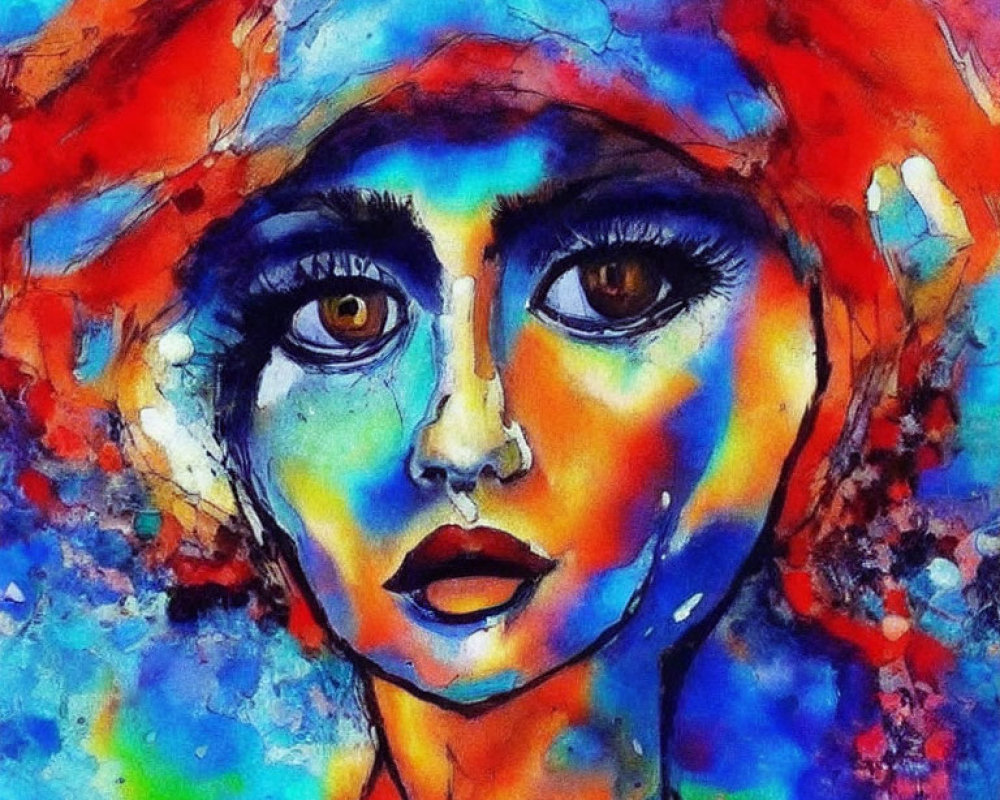 Vibrant abstract painting of woman's face with expressive eyes in red and blue hues