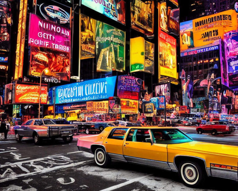 Colorful Times Square scene with neon billboards and yellow taxi in cityscape.
