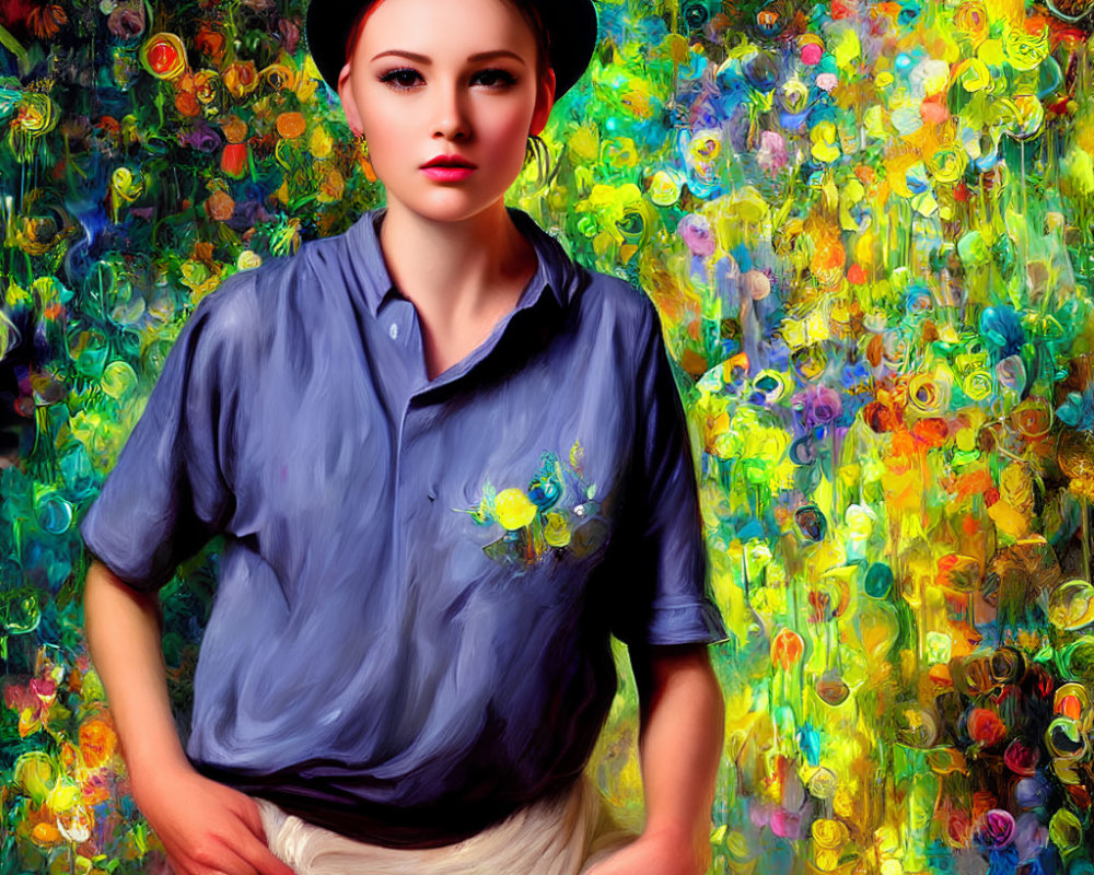 Digital Art Portrait of Woman in Black Hat and Blue Shirt on Vibrant Floral Background