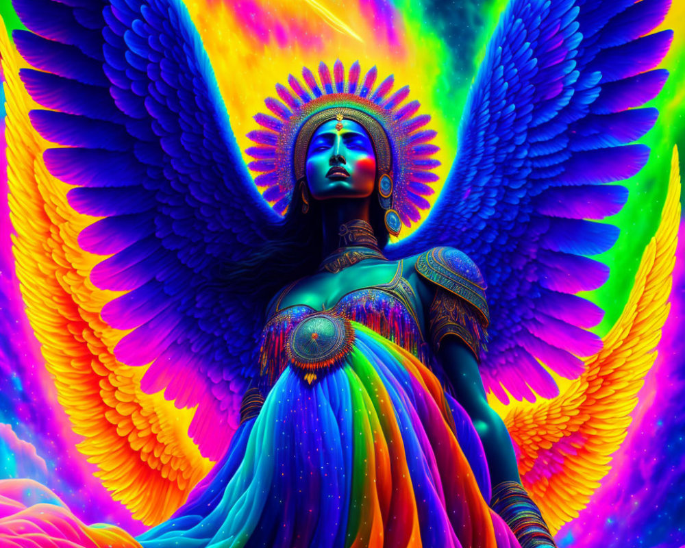 Colorful winged woman illustration on cosmic background.