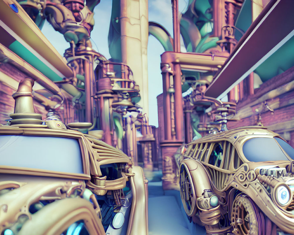 Golden futuristic cars on stylized city street with intricate designs and pastel-toned buildings.