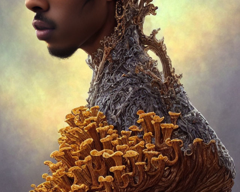 Surreal portrait of man's face with mushroom elements, intricate textures, natural color palette
