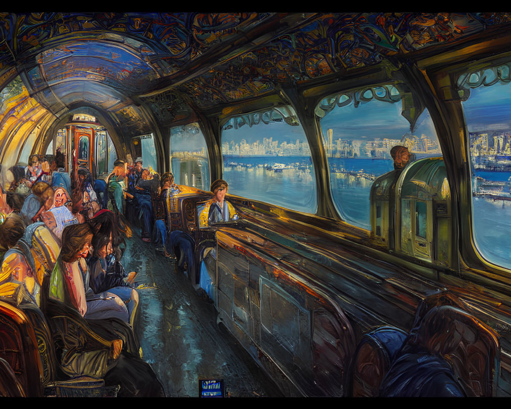 Colorful illustration of passengers in futuristic train with ornate designs, cityscape view.