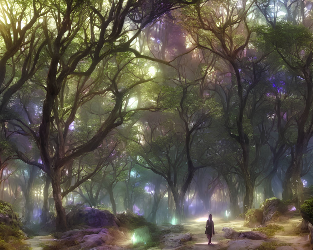 Mystical forest scene with twisted trees and purple lights