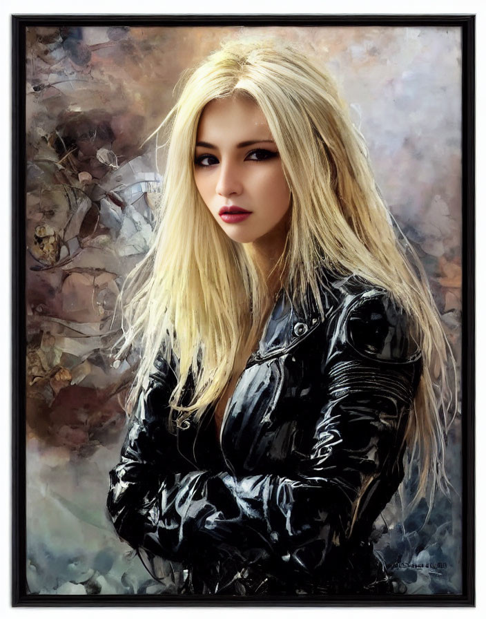 Blonde Woman Portrait in Black Leather Jacket