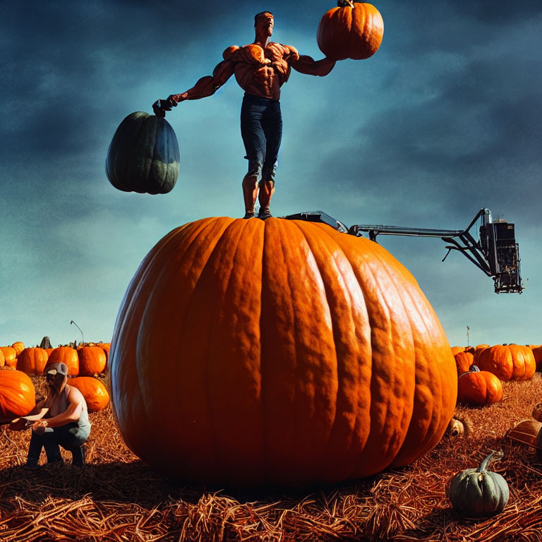 Muscular person on giant pumpkin in field with overcast skies