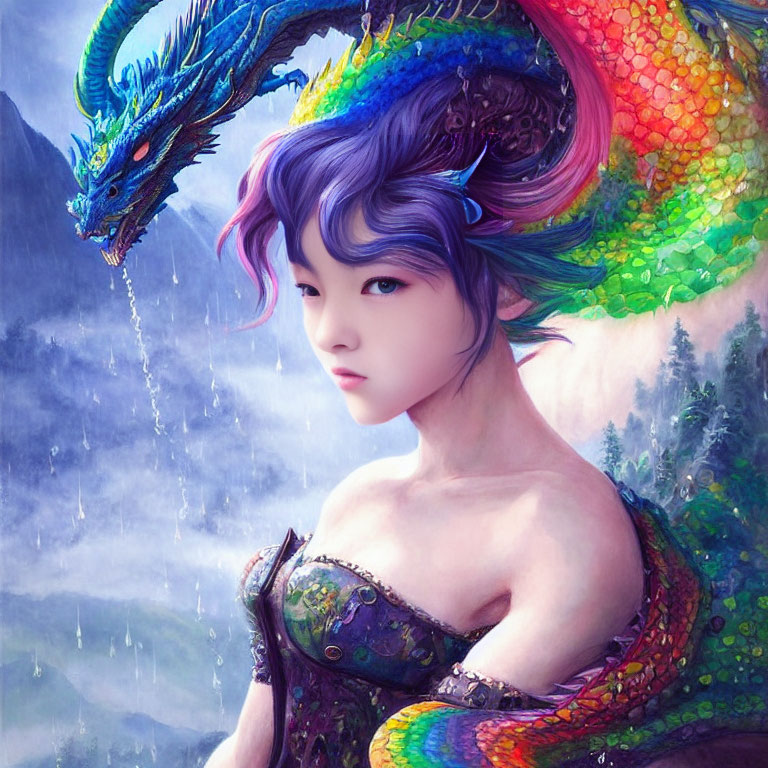 Colorful Woman with Scaly Skin and Dragon in Misty Landscape