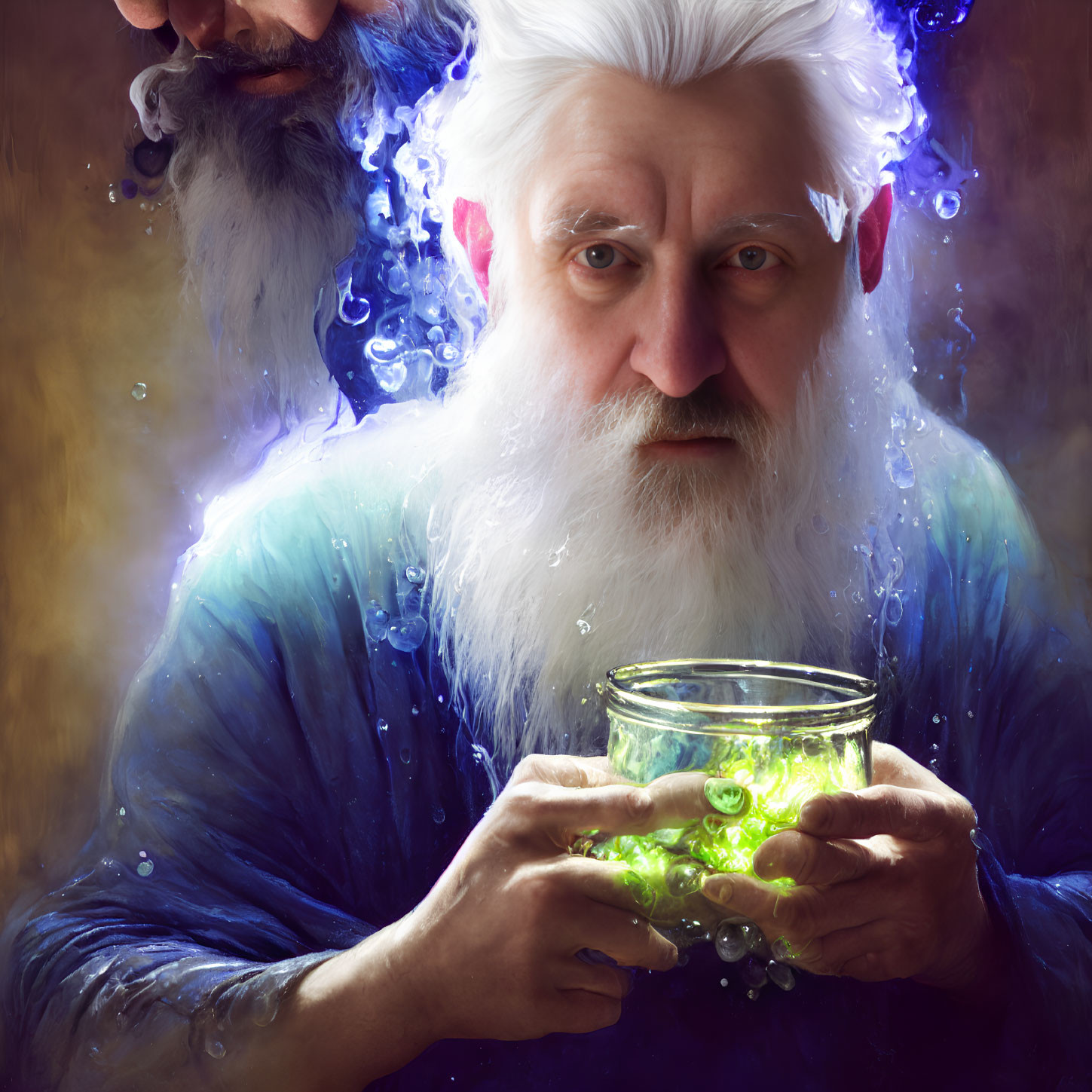Elderly wizard with glowing green potion and magical wisps.