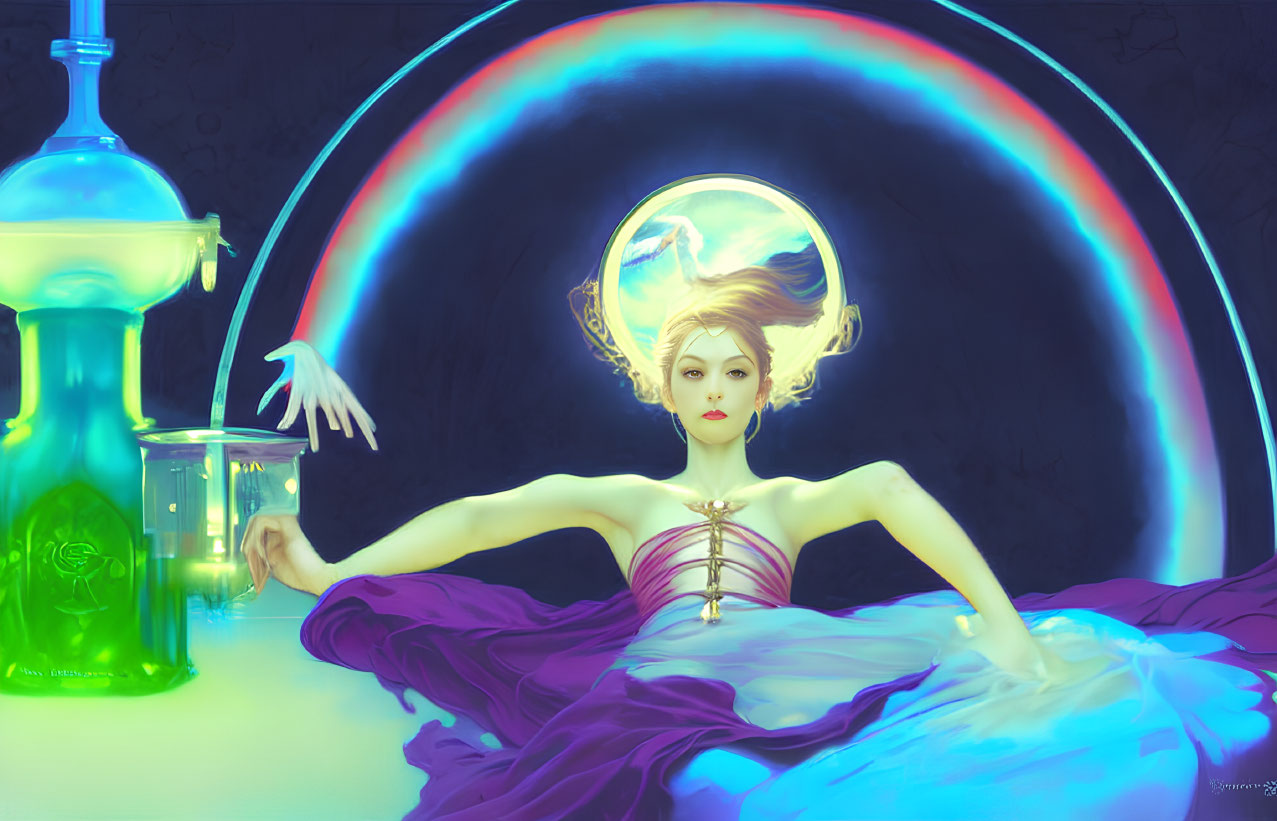 Surreal digital artwork: Woman with glowing halo, fantastical glassware, neon-lit backdrop