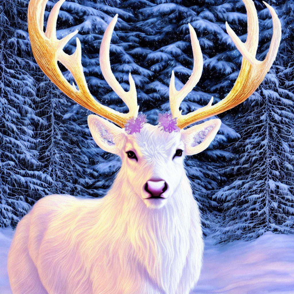 Majestic white stag with golden antlers in wintry forest landscape