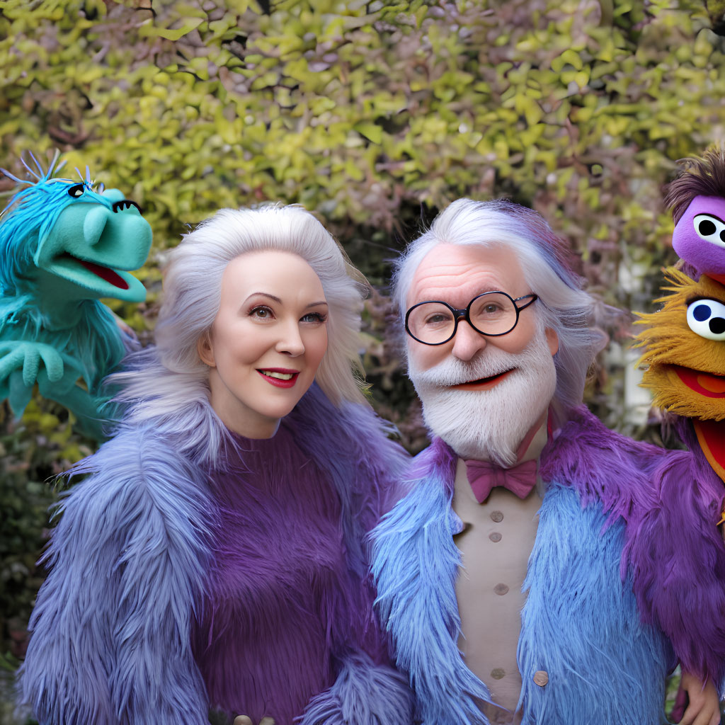 Silver-haired puppet-styled figures with colorful fur posing with puppets against foliage.