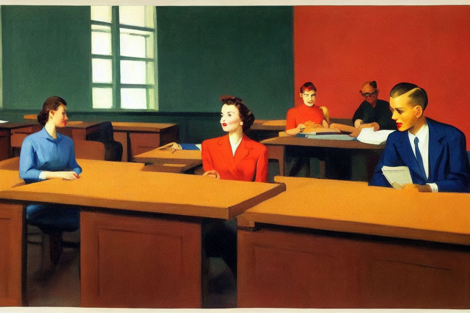 Vintage Classroom Painting Featuring Five People in Mid-Century American Attire