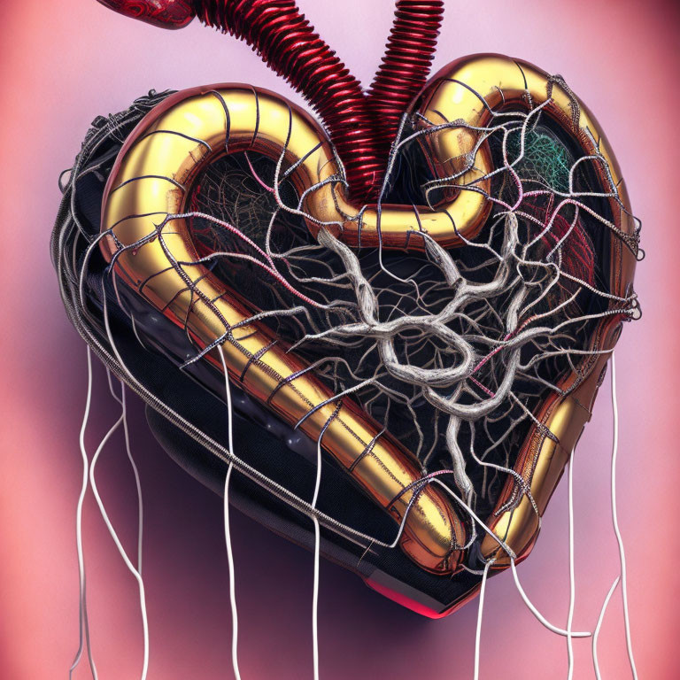 Mechanical heart 3D illustration with gold and copper pipes on pink background