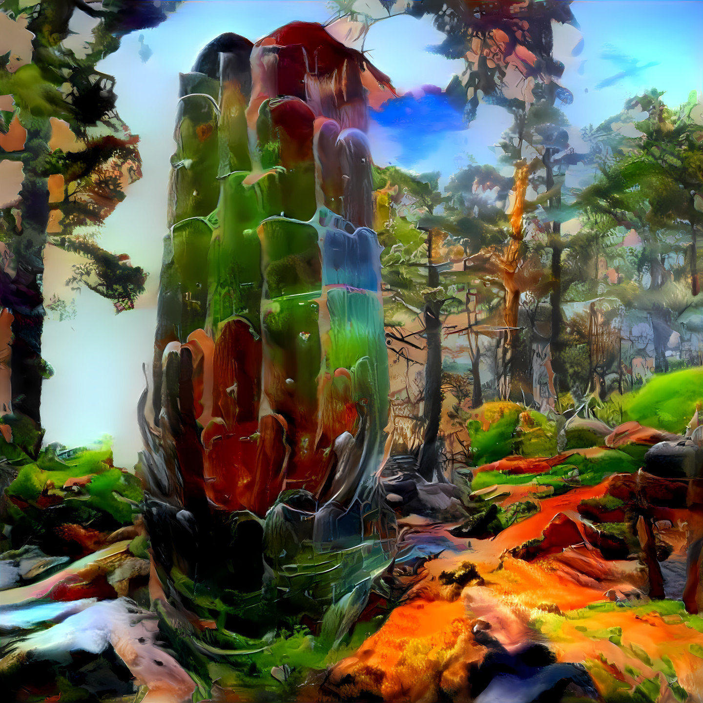 Fantasy: massive glass cactus growing in a forest.