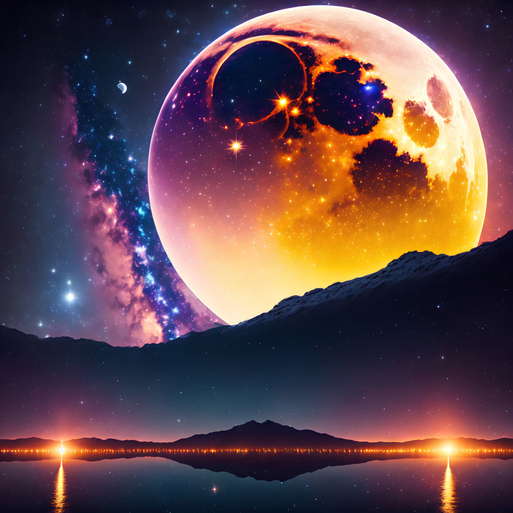 Surreal landscape with large vivid moon, starry sky, serene mountain, and tranquil lake
