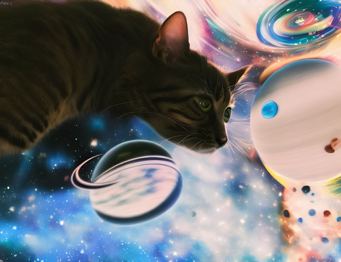 Tabby Cat Floating in Space Observing Celestial Bodies