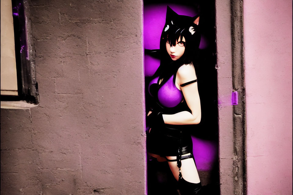 Person in Black Cat Costume Stands in Purple-Lit Doorway