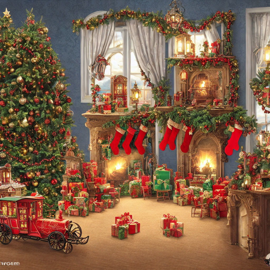 Festive Christmas room with decorations, tree, stockings, presents & train set