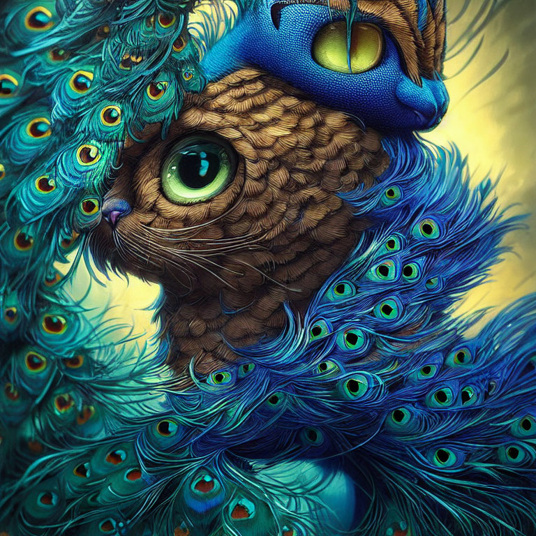 Whimsical artwork of a cat with owl-like fur and peacock plumes