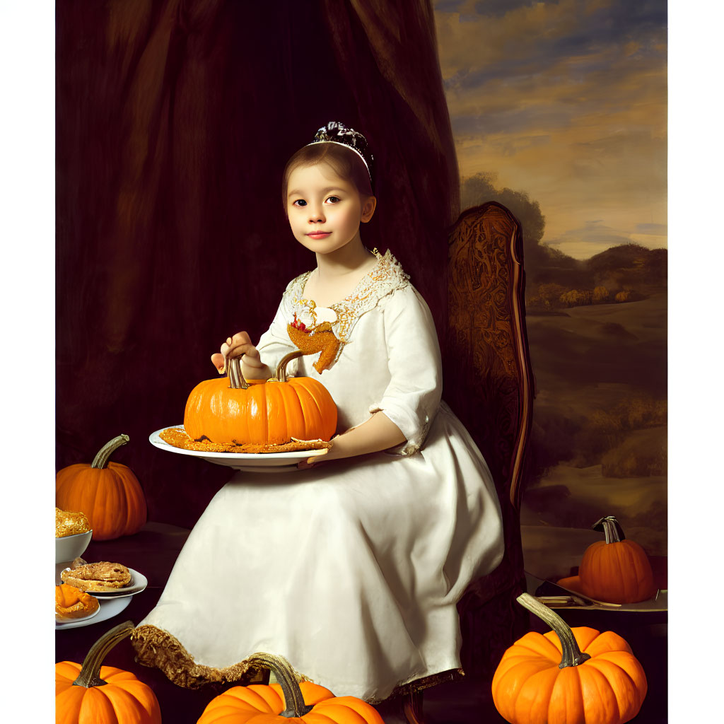 Young girl in white dress with tiara surrounded by pumpkins in landscape setting
