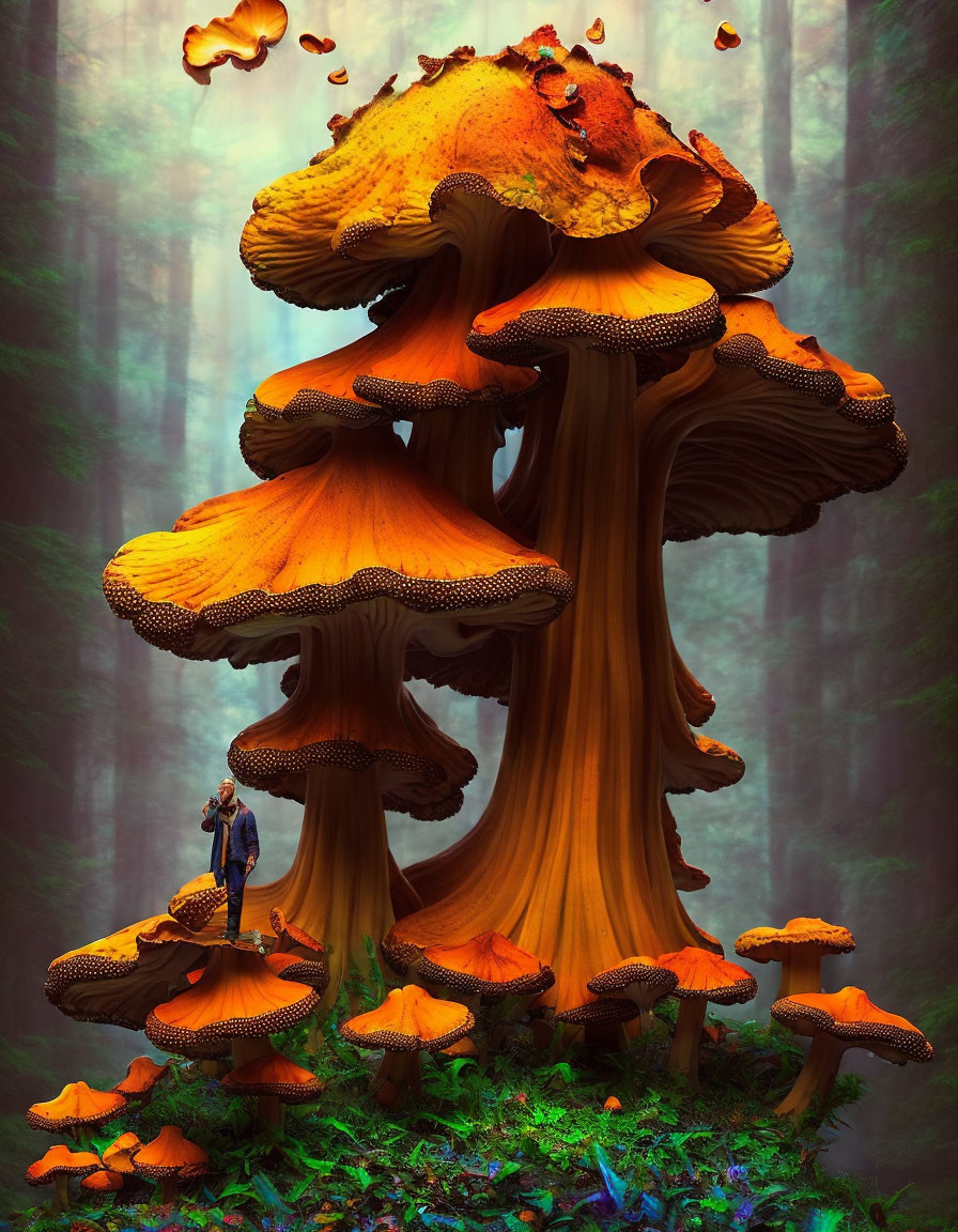 Digital Art: Person under Giant Orange Mushrooms in Enchanted Forest