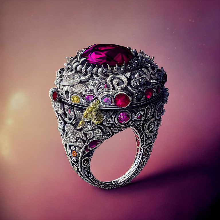 Silver Ring with Filigree Design & Purple Gemstone