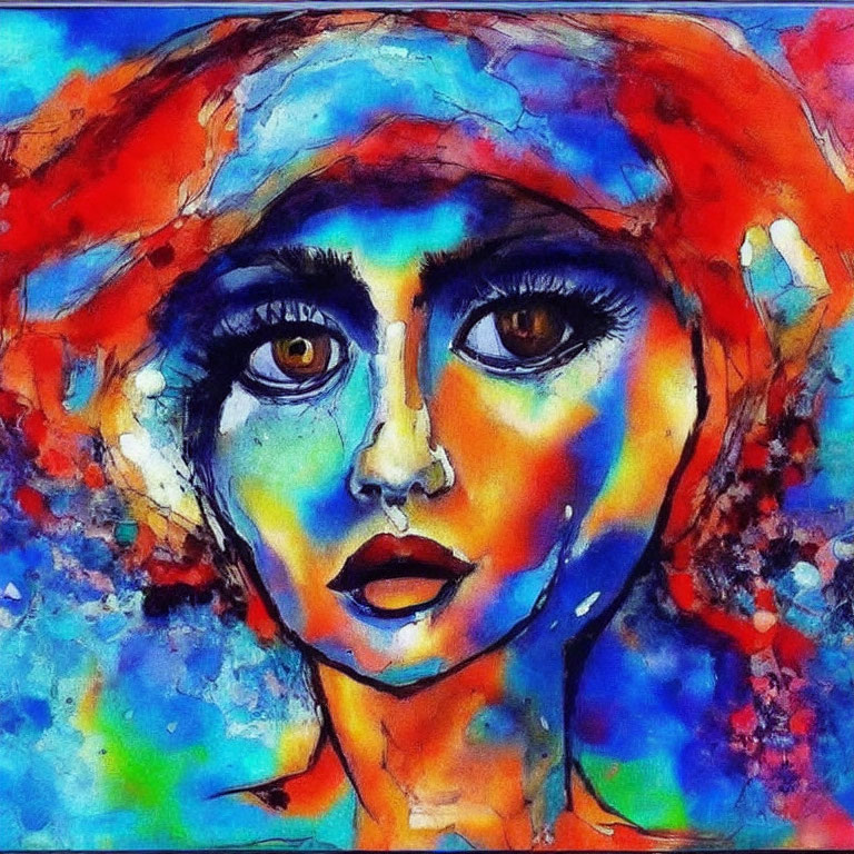 Vibrant abstract painting of woman's face with expressive eyes in red and blue hues