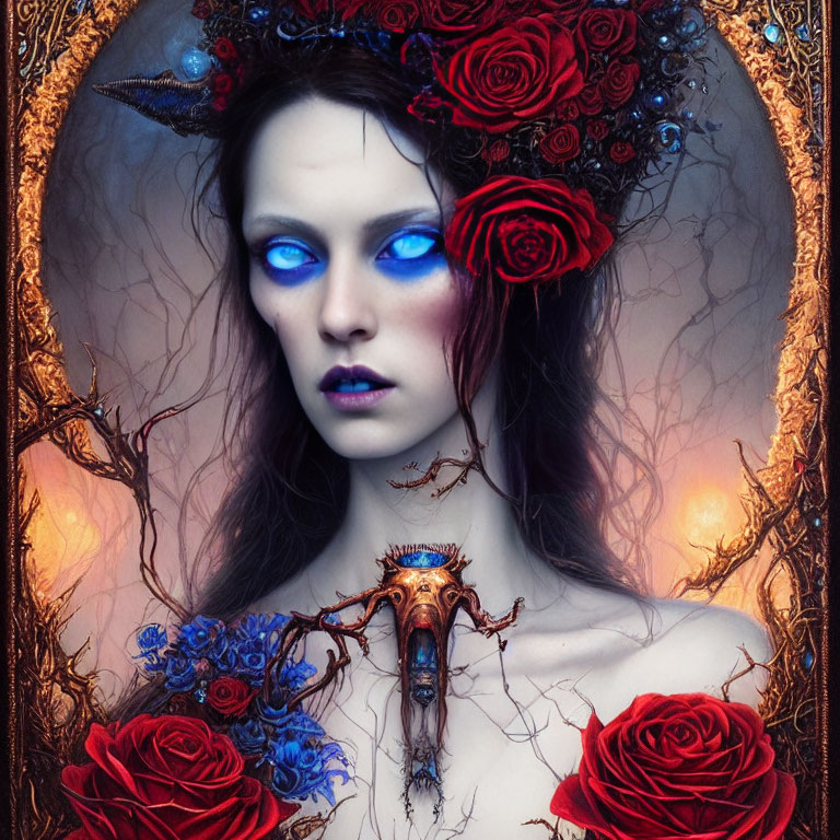 Portrait of woman with blue eyes, wearing crown of red roses and branches, skull pendant.