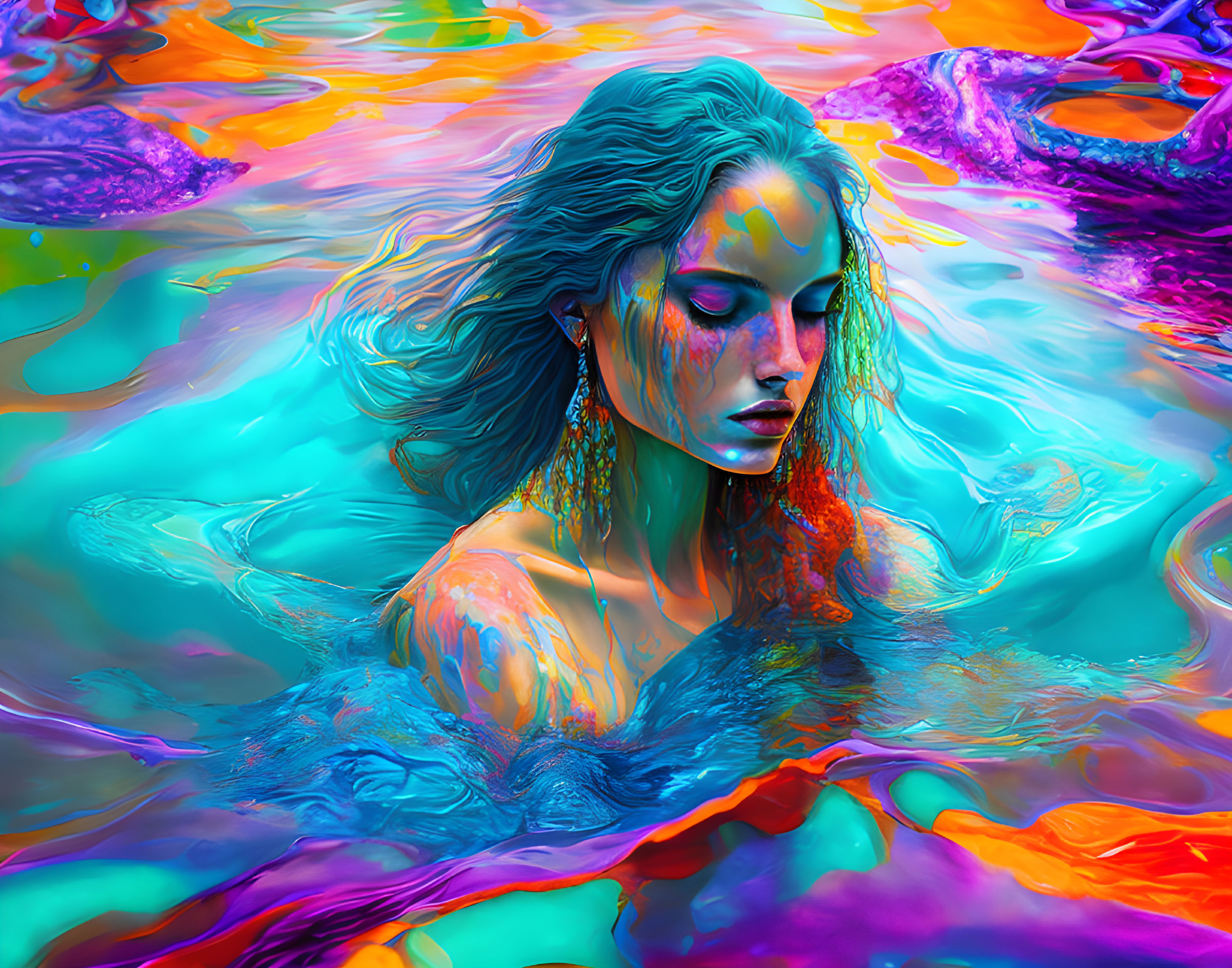 Peaceful woman submerging into colorful water