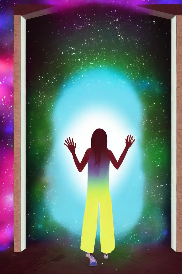 Person in doorway facing colorful cosmic scene with stars and nebulae.