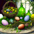 Colorful Easter Egg Display with Flowers on Tree Stump