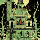 Spooky haunted house with bats, moon, and Halloween revelers