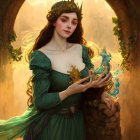 Medieval woman in green dress with crown holding iridescent bird in golden forested setting