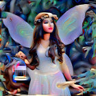 Fantastical winged woman in enchanted forest with flowing white dress