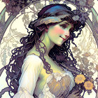 Art Nouveau Woman Illustration with Flowing Hair and Floral Arch