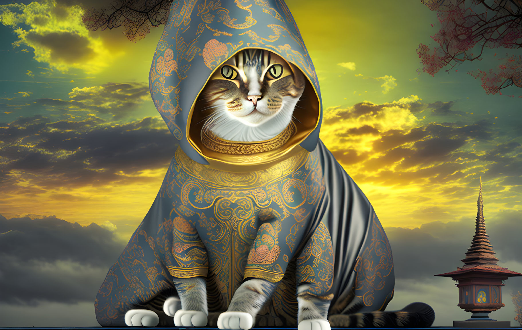 Buddhist cat in a hood in front of clouded horizon