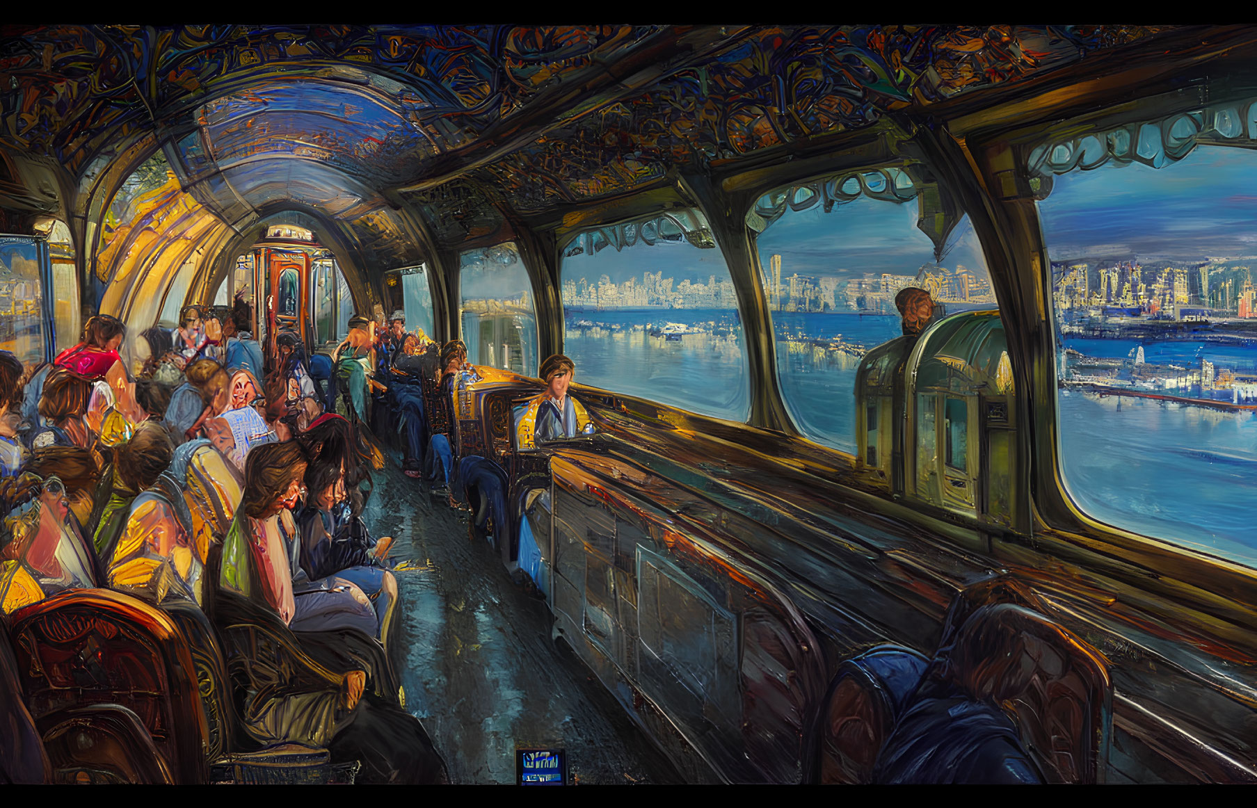 Colorful illustration of passengers in futuristic train with ornate designs, cityscape view.