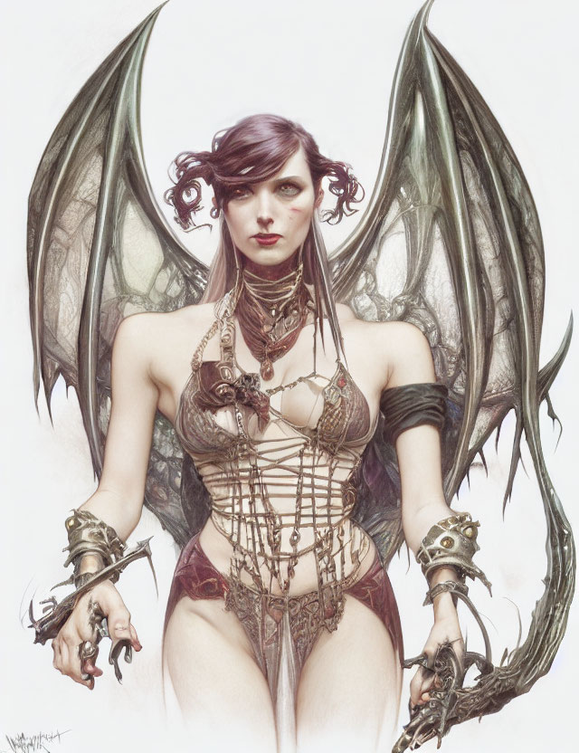 Fantasy illustration of female character with wings in intricate armor and claw-like weapons