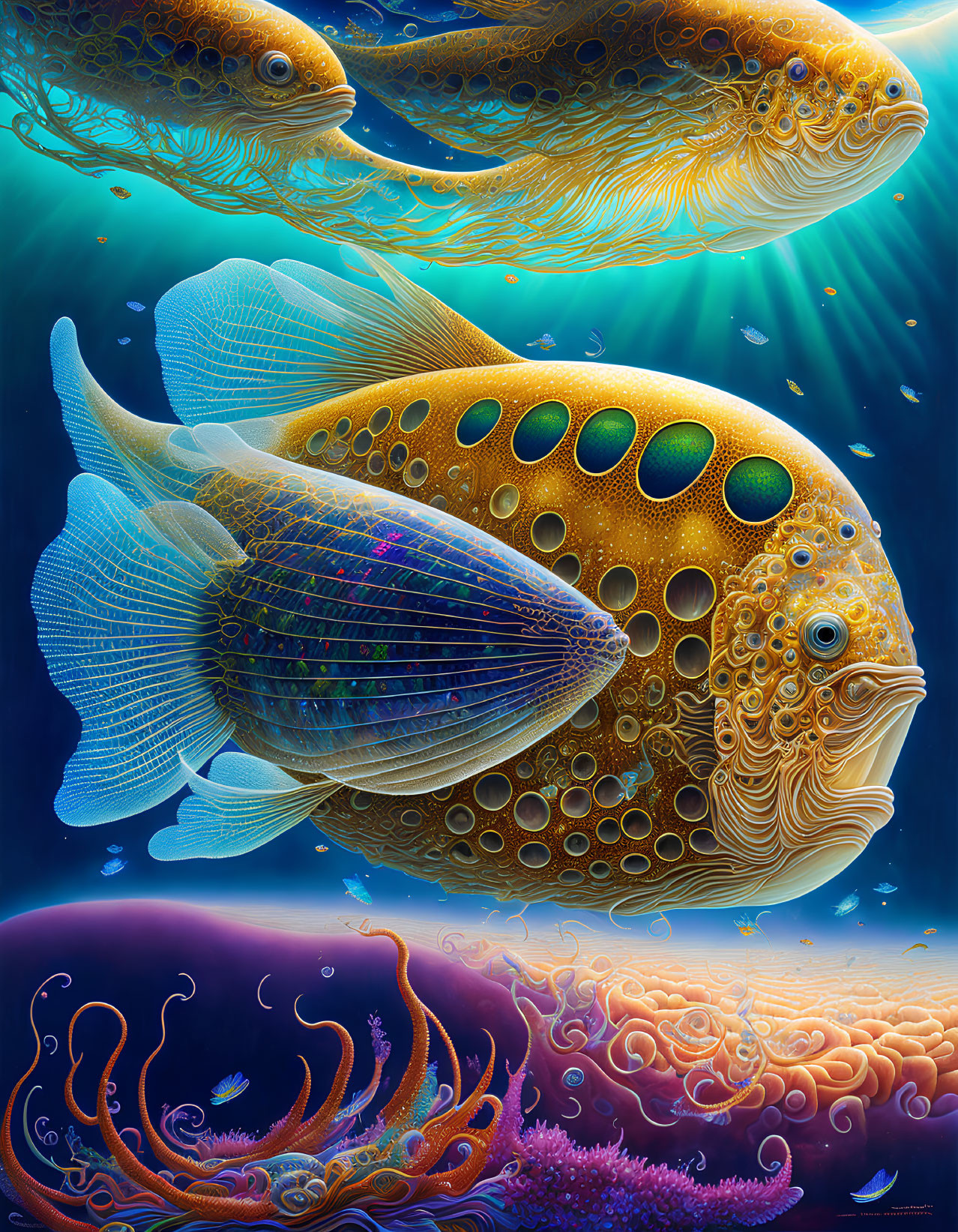 Colorful Fantastical Fish Swimming Among Coral in Ethereal Underwater Scene