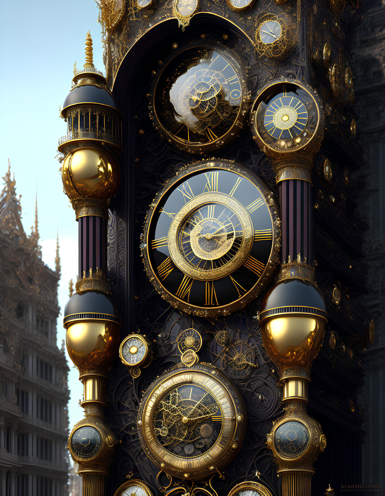 Intricate Golden Astronomical Clock in Gothic Setting