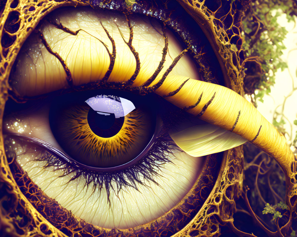 Detailed surreal eye illustration with hive textures, tendrils, and moss-like growths in earthy tones