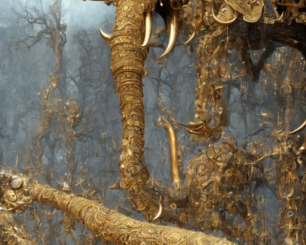 Intricate Golden Tree Sculptures with Elephant Heads in Misty Background